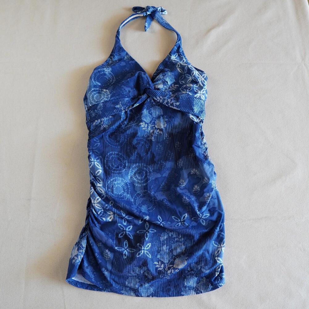 Garnet Hill NWT Signature Crossover Swim Dress Sz 10 Modest OnePiece Halter Blue